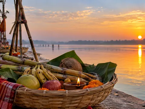 Chhath Puja offering basket by a riverside at sunrise