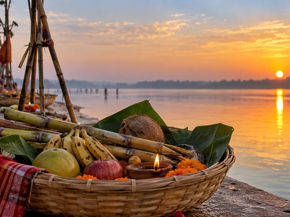 Chhath Puja offering basket by a riverside at sunrise