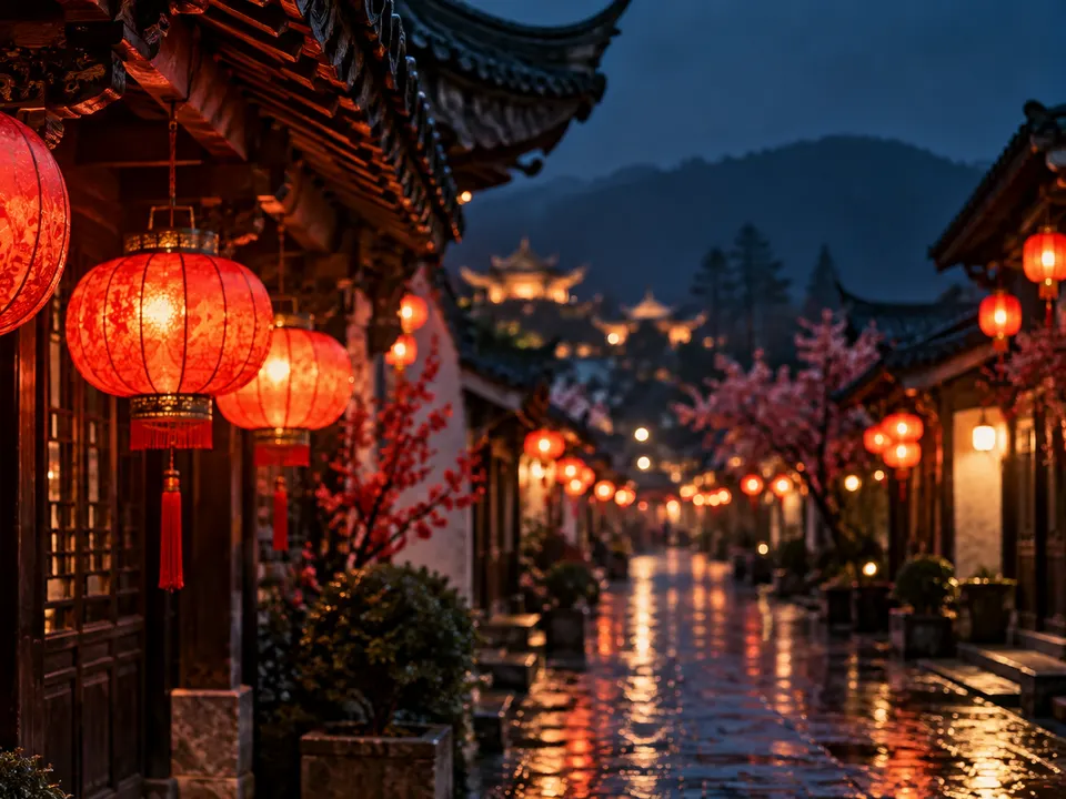 Red lanterns glowing beneath traditional roof eaves for Chinese New Year