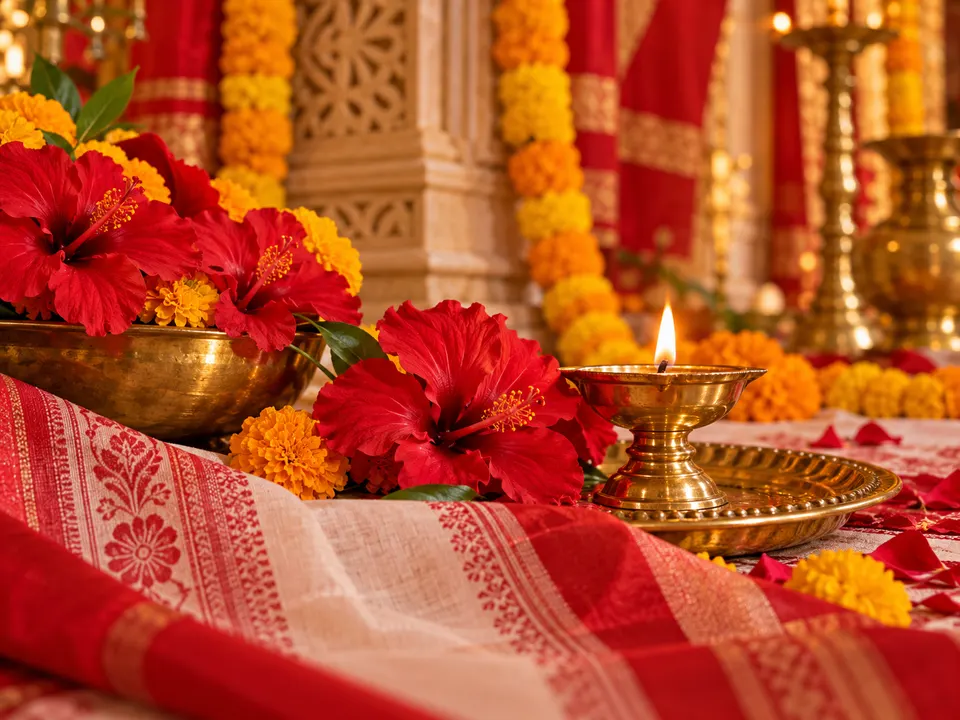 दुर्गा अष्टमी के लिए लाल गुड़हल, गेंदे और दीया