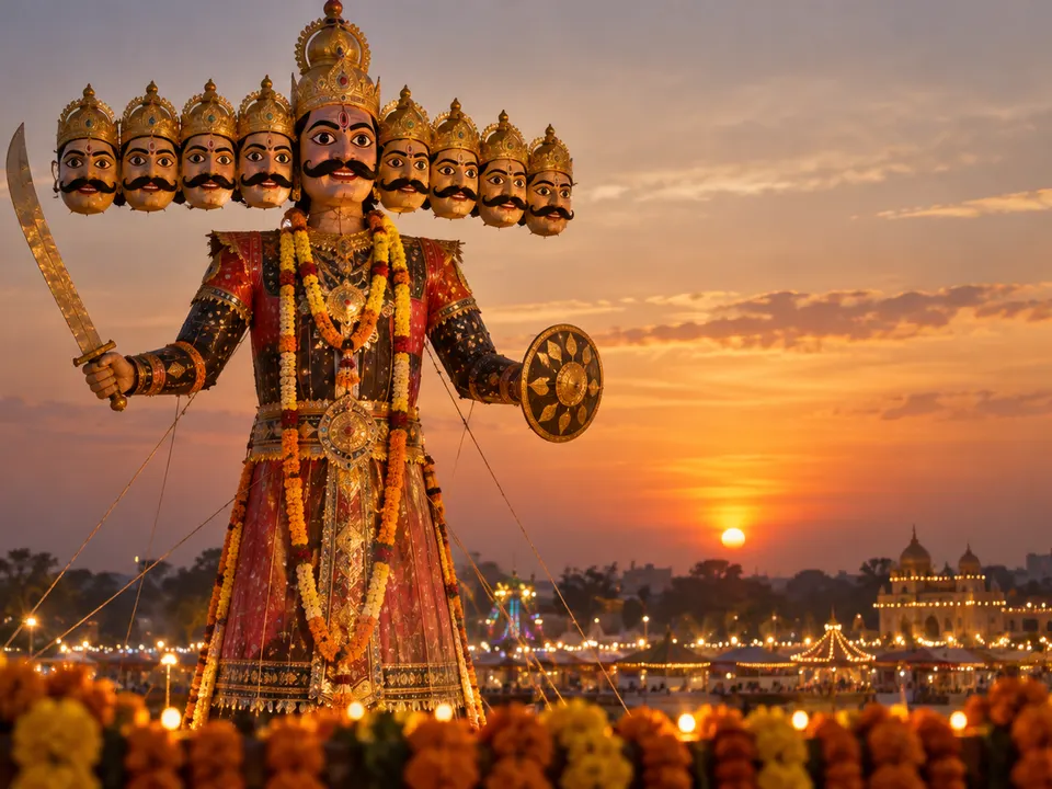 Ravana effigy decorated for Dussehra at sunset