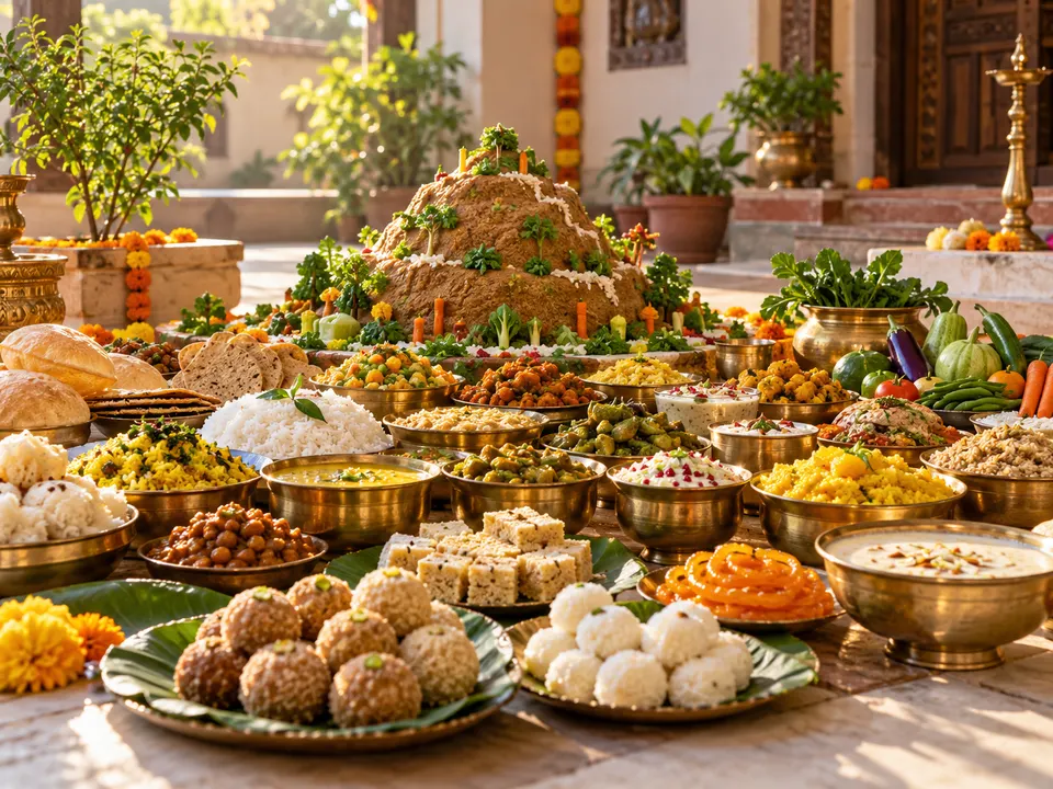 गोवर्धन पूजा के लिए सब्ज़ियों, अनाज और मिठाई का अन्नकूट भोग