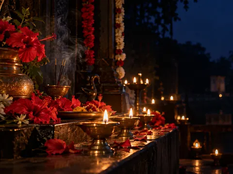 Oil lamps and red hibiscus flowers prepared for Kali Puja at night