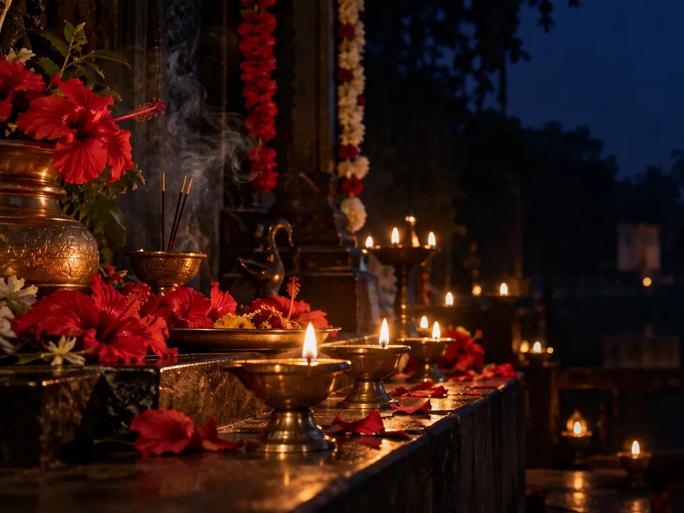 Oil lamps and red hibiscus flowers prepared for Kali Puja at night