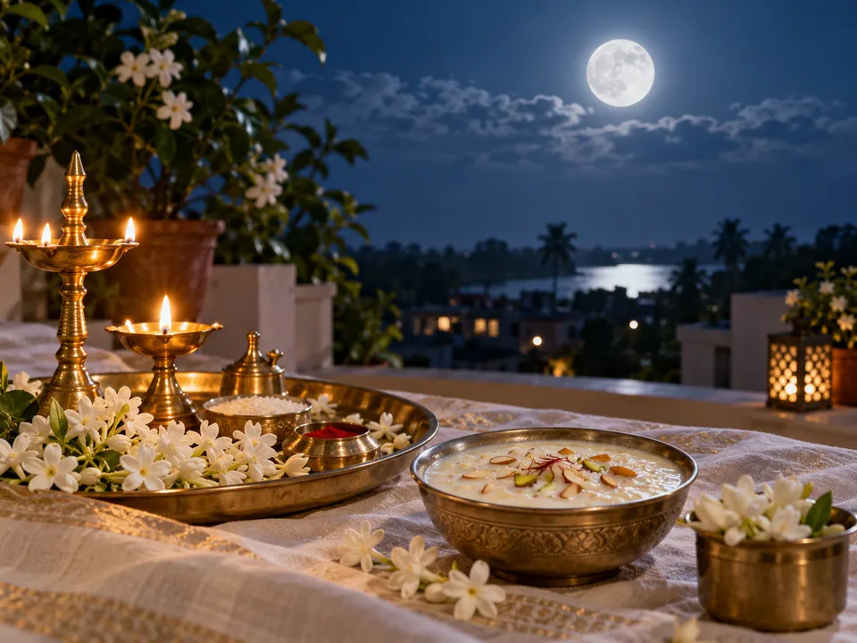 कोजागरी लक्ष्मी पूजा के लिए चाँदनी में दीये, चमेली और खीर