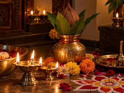 Brass diya lamps, marigolds and a kalash prepared for Lakshmi Puja