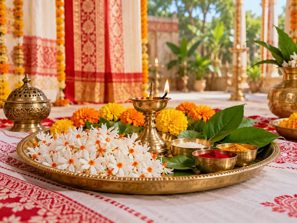 महानवमी के लिए शिउली के फूल, गेंदे और पीतल के दीये वाली पूजा थाली