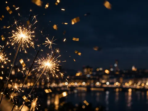 Gold confetti and sparklers against a midnight blue sky