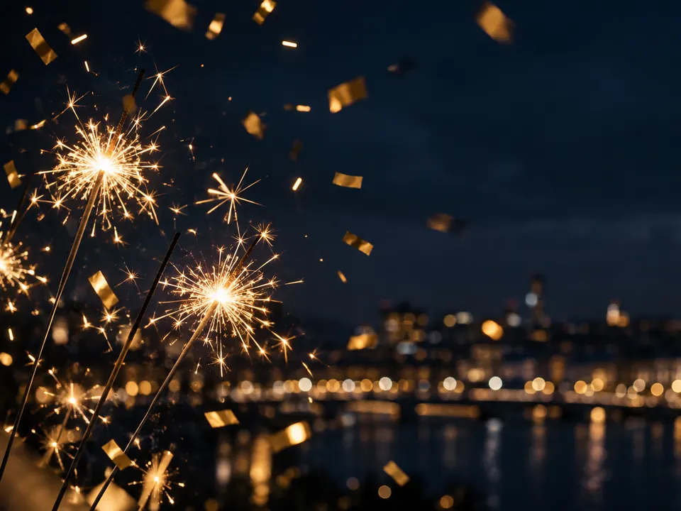 Gold confetti and sparklers against a midnight blue sky
