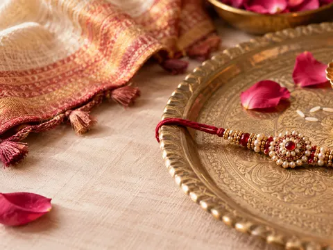 Raksha Bandhan rakhi bracelet on a brass thali with rose petals and a diya