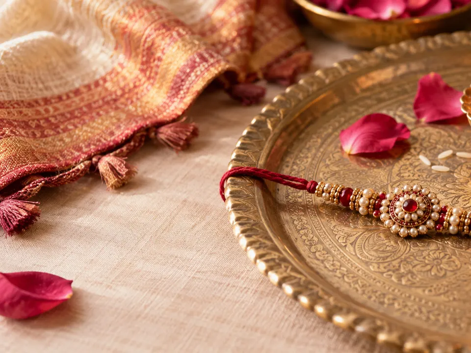 Raksha Bandhan rakhi bracelet on a brass thali with rose petals and a diya
