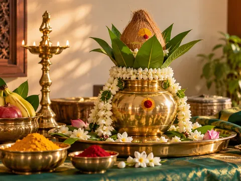Brass kalash, jasmine and mango leaves arranged for Varalakshmi Vratham